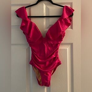 J Crew Ruched Ruffle One Piece Swimsuit Bright Pink Size 2
